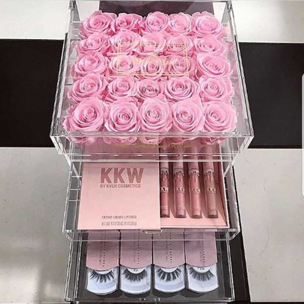 Custom Clear Acrylic Storage 25 Roses Preserved Flower Box with Drawer