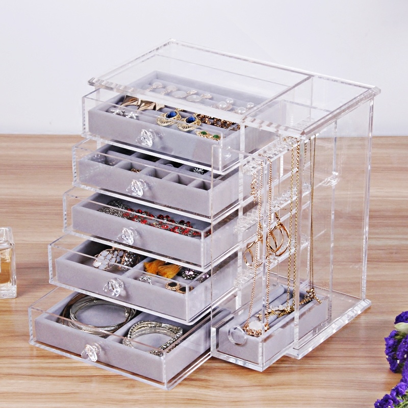 Acrylic Jewelry Organizer with 5 Drawers and Velvet Jewelry Display Tray