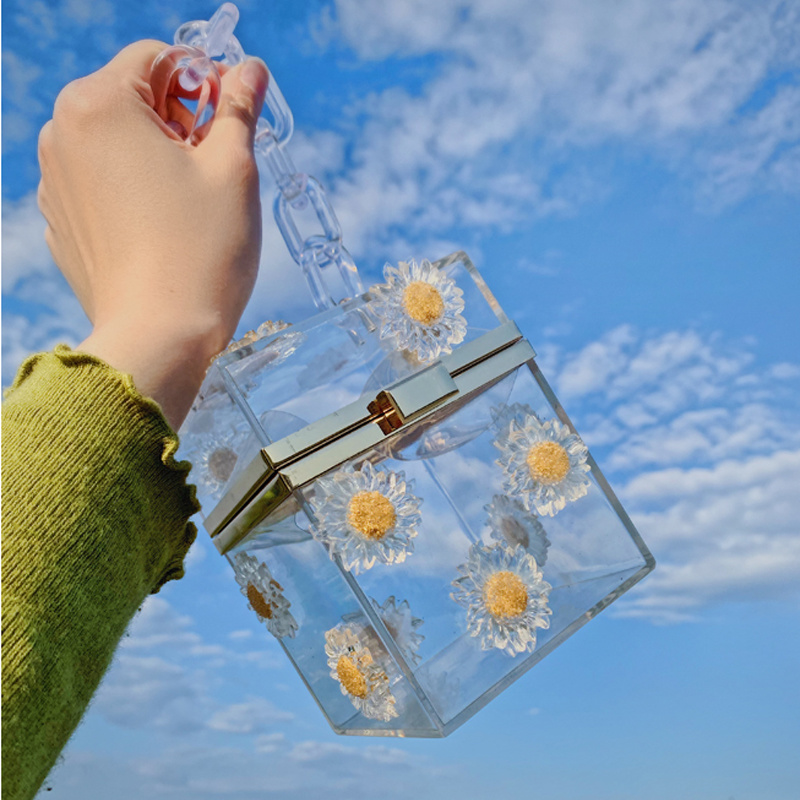 Fashion Acrylic Square Handbag with Flower