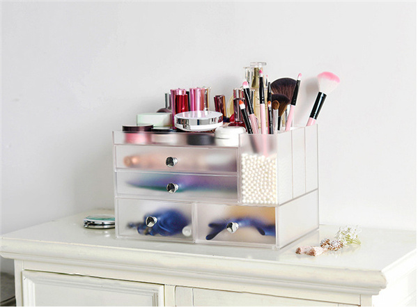 Clear Frosted Acrylic Makeup Organizer with Drawers and Crystal Handles