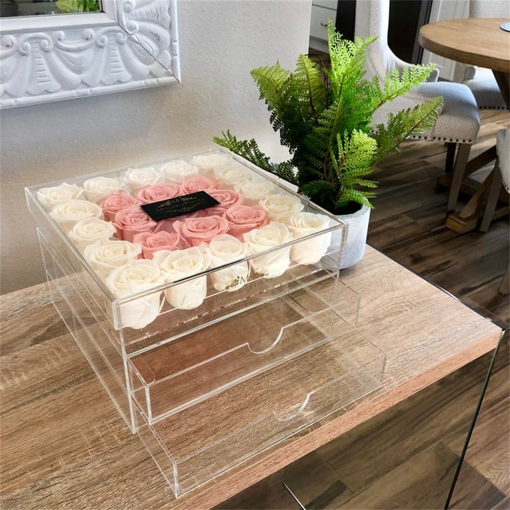 Custom Clear Acrylic Storage 25 Roses Preserved Flower Box with Drawer