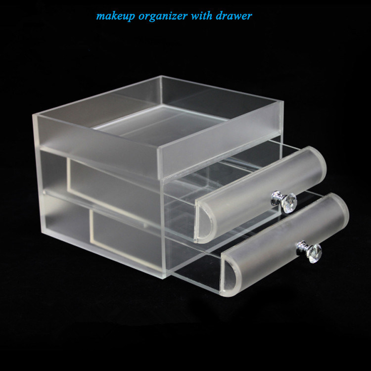 Clear Frosted Acrylic Makeup Organizer with Drawers and Crystal Handles