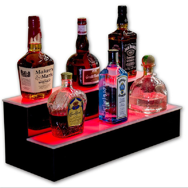 2 Tier LED Lighted Liquor Bottle Acrylic Display Illuminated Drink Wine Shelf with Remote