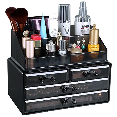 Jewelry and Makeup Storage Display Boxes (1 Top 4 Drawers) Cosmetic Organizer (Tawny)