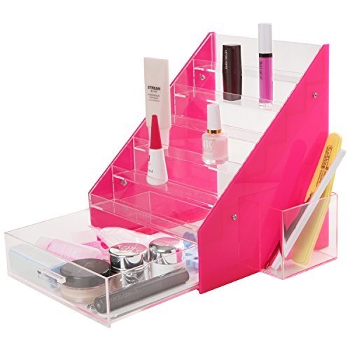 Pink & Clear Acrylic Nail Polish Organizer with Drawer and Holder Cup