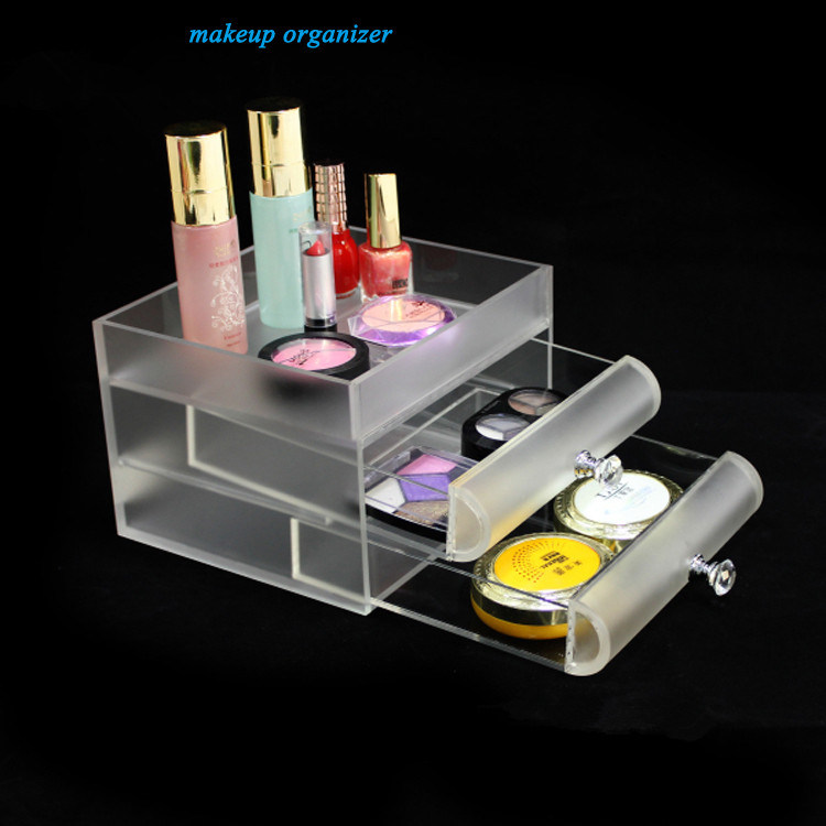 Clear Frosted Acrylic Makeup Organizer with Drawers and Crystal Handles