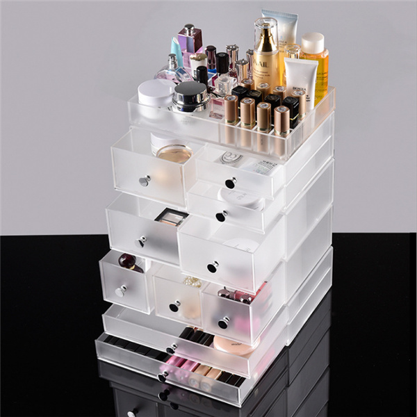 Clear Frosted Acrylic Makeup Organizer with Drawers and Crystal Handles